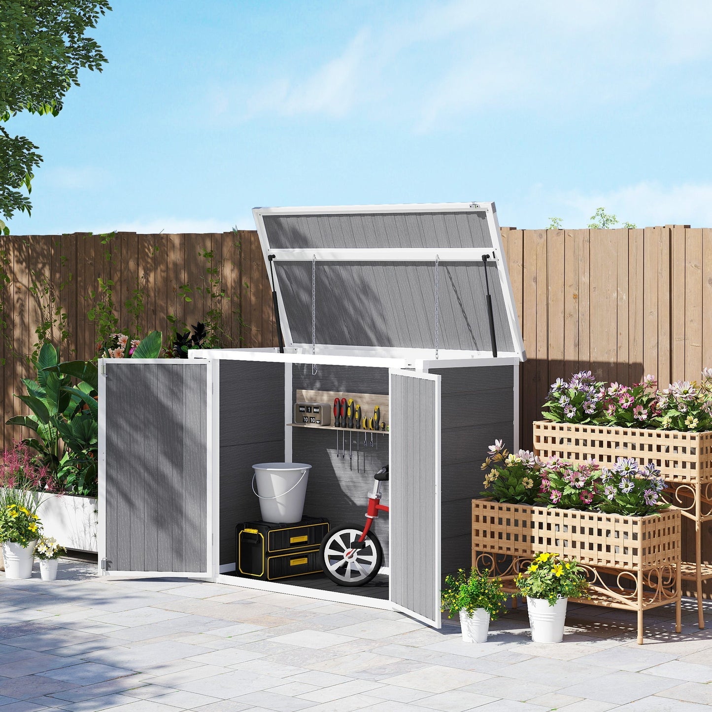 Outsunny 4.7 x 2.5FT Garden Shed, Double Bin Storage Shed with Lockable Doors, Outdoor Small Shed with Openable Lid for 2 Trash Cans, Garden Tools, Grey