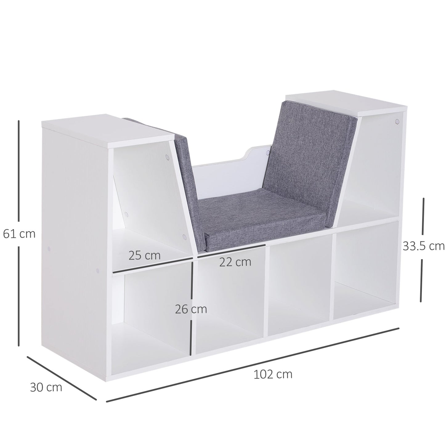 HOMCOM Bookcase Storage Shelf with Cushioned Reading Seat, Cube Bookshelf Organizer for Bedroom Living Room, White