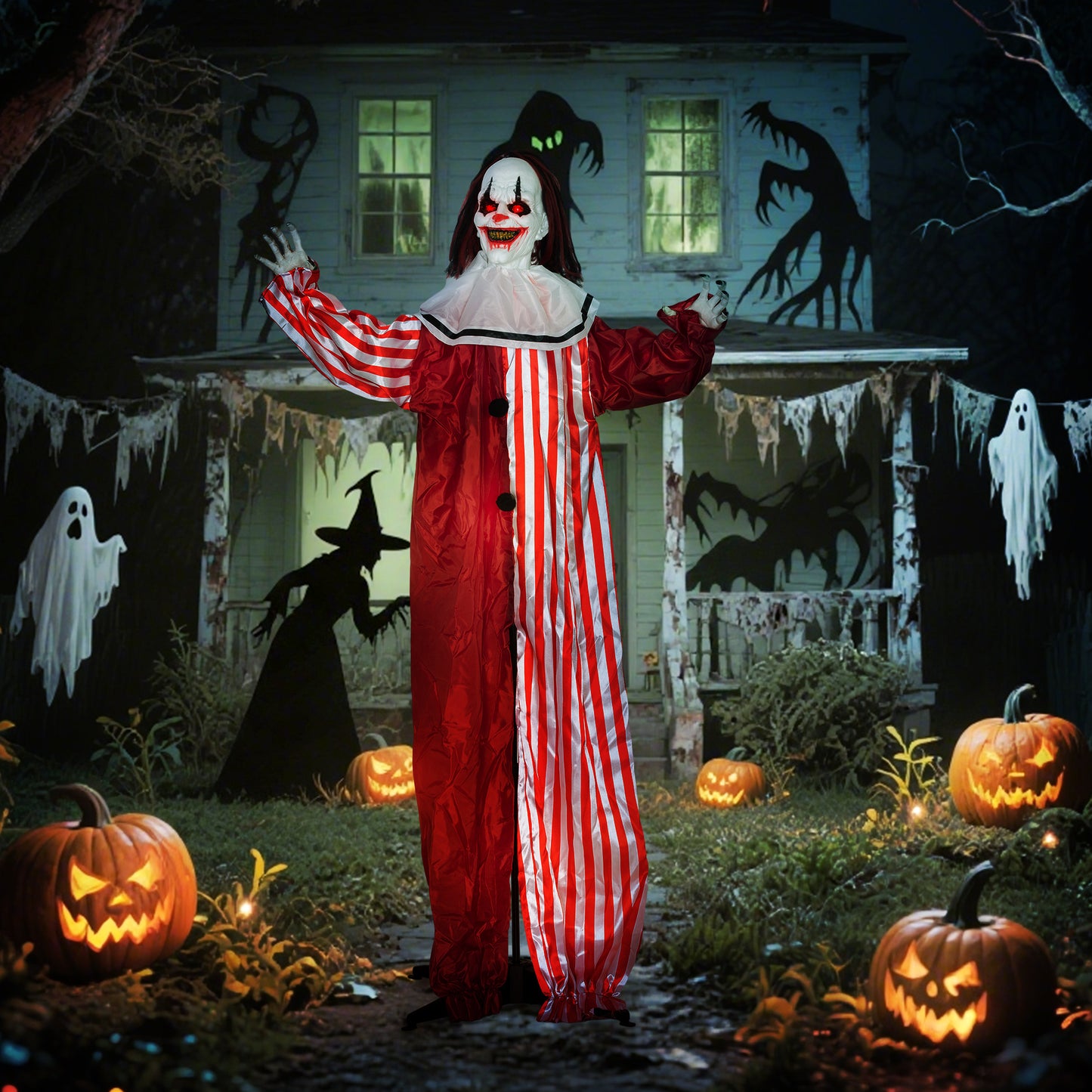 Outsunny 165 cm Life Size Halloween Animated Clown with Red Light Up Eyes, Sound Activated Moving Body, Scary Clown Halloween Decorations, Battery Operated, Indoor Party Props