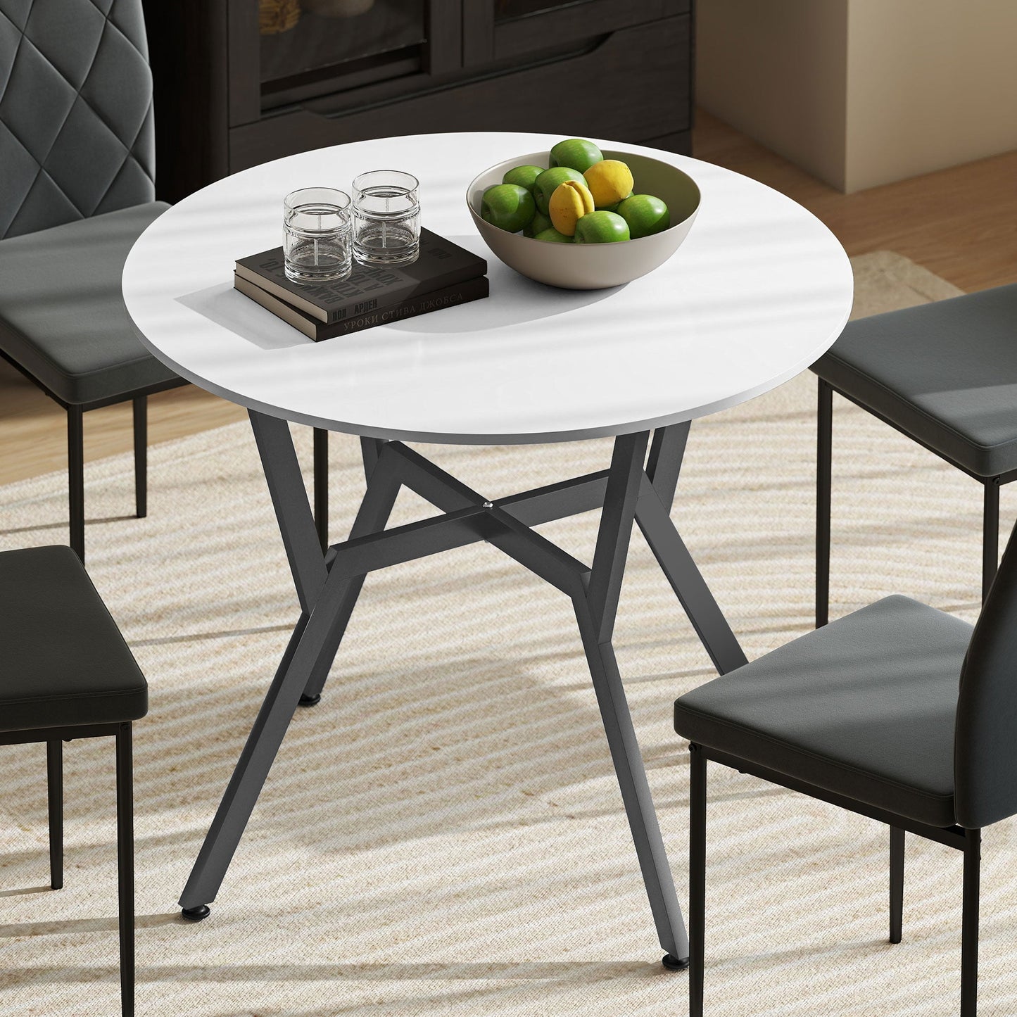 HOMCOM Dining Table, Round Kitchen Table with Black Legs for Living Room, Dining Room 90 x 76 cm, High Gloss White