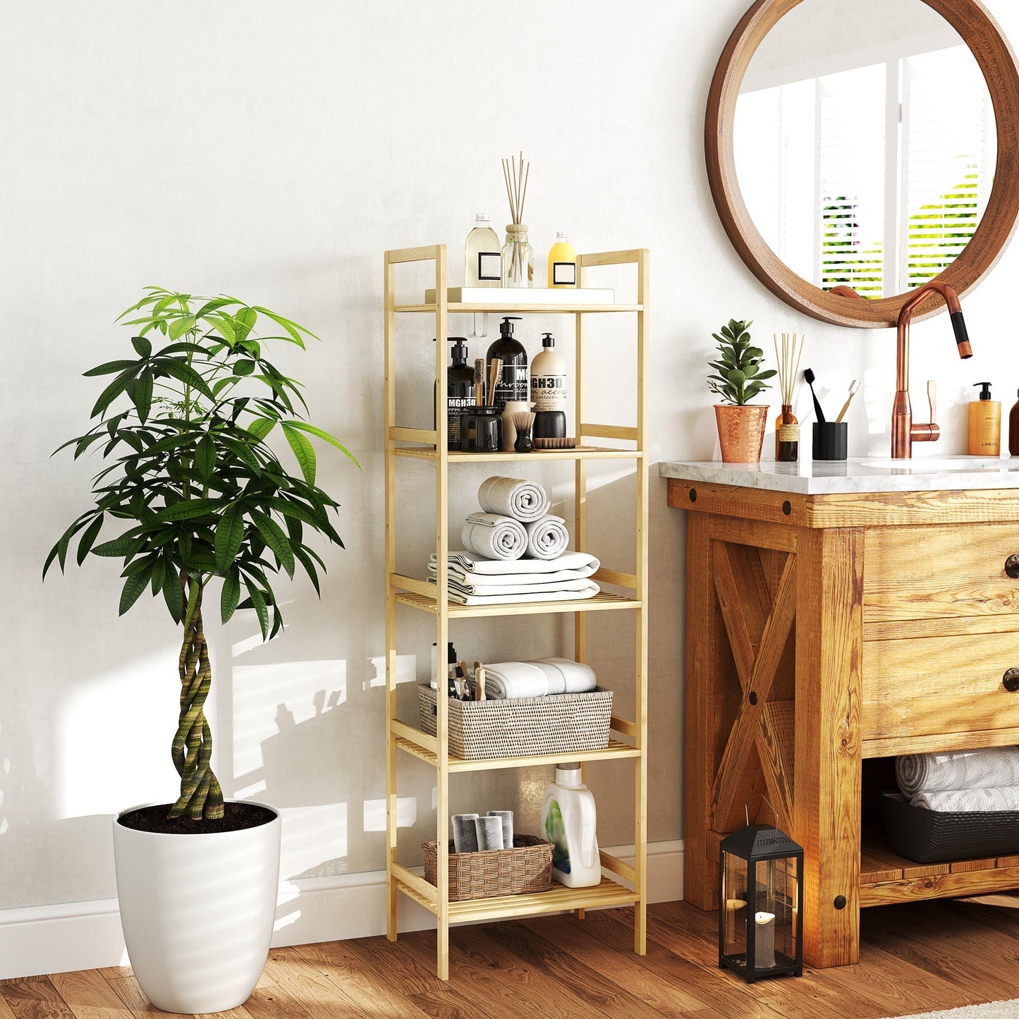 HOMCOM 5-Tier Bamboo Bathroom Storage Shelf, Freestanding Shelving Unit with Adjustable Rack for Kitchen Bathroom Living Room, Natural Wood Finish