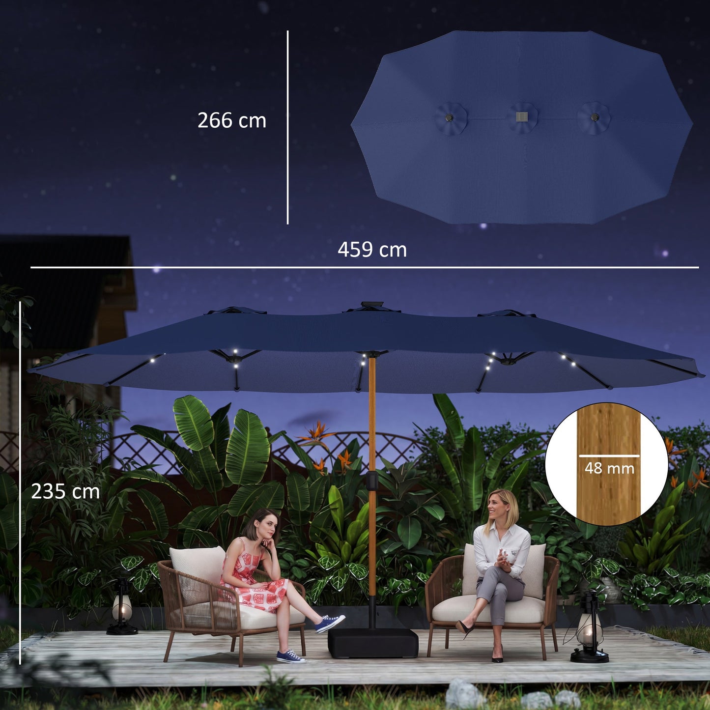 Outsunny Double Sided Garden Parasol with Base Included & 48 Solar LED Lights Patio Umbrella Crank Handle 4.6m Dark Blue