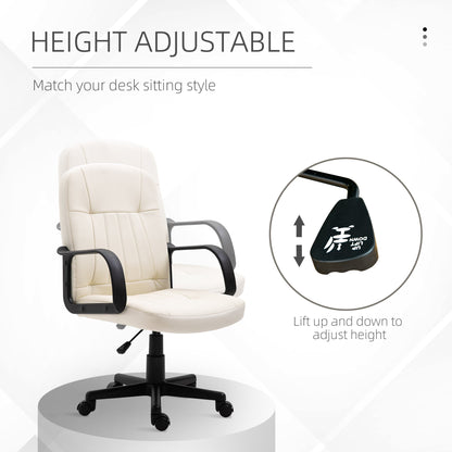 HOMCOM Office Chair, PU Leather Computer Desk Chair with Adjustable Height, Swivel Wheels for Home Office Work Study, Cream White
