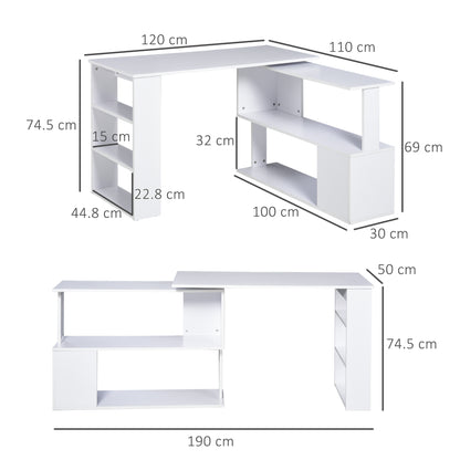 HOMCOM Corner Computer Desk, L Shaped Desk with 360Â° Rotating Bookshelf, 120L x 110W x 74.5H cm, White