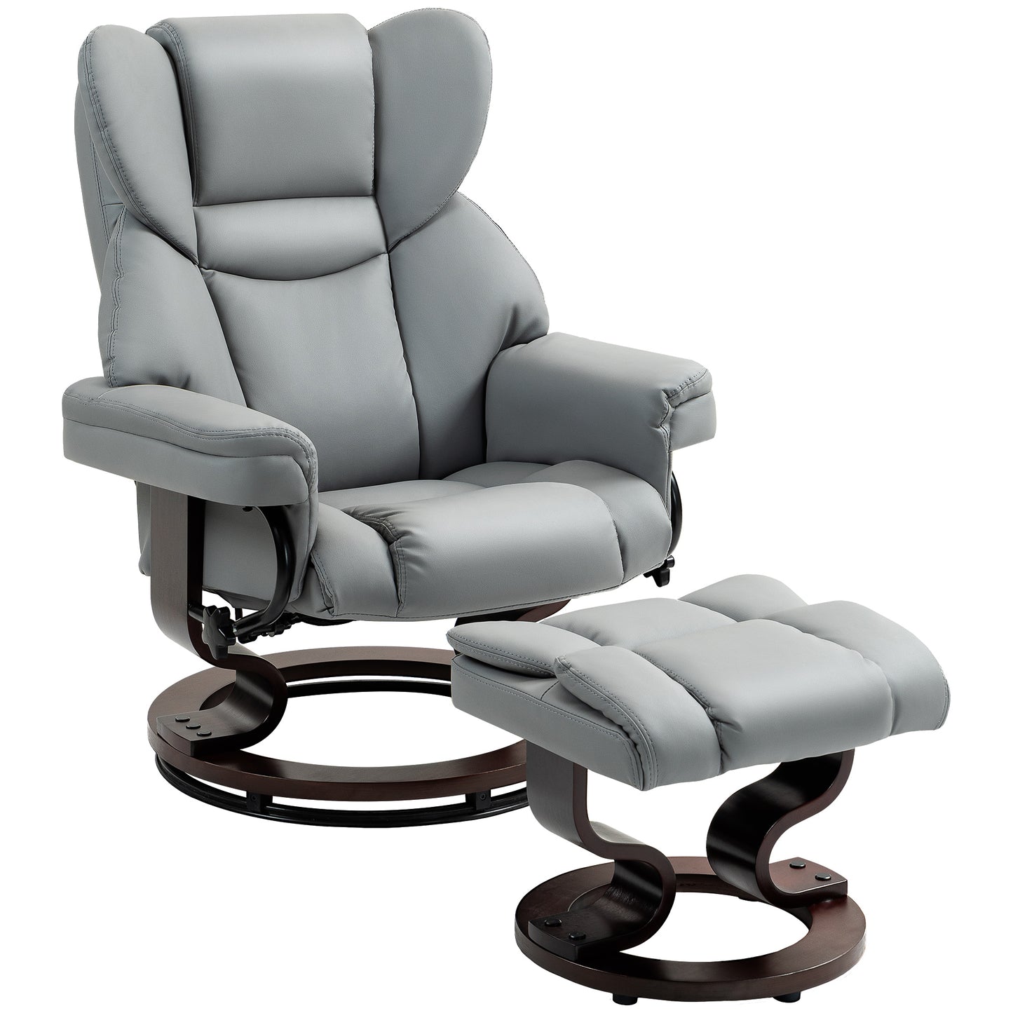 HOMCOM 360Â° Swivel Recliner Chair with Footstool, PU Leather Manual Recliner Armchair with Footstool, Solid Wood Base, Upholstered Reclining Chair for Living Room, Bedroom, Office, Light Grey