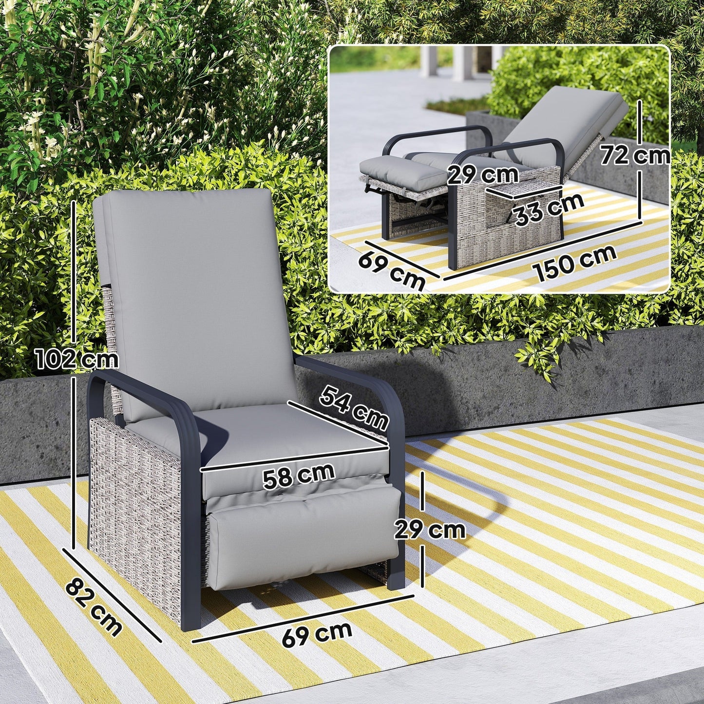 Outsunny 140 Reclining Rattan Armchair - Mixed Grey
