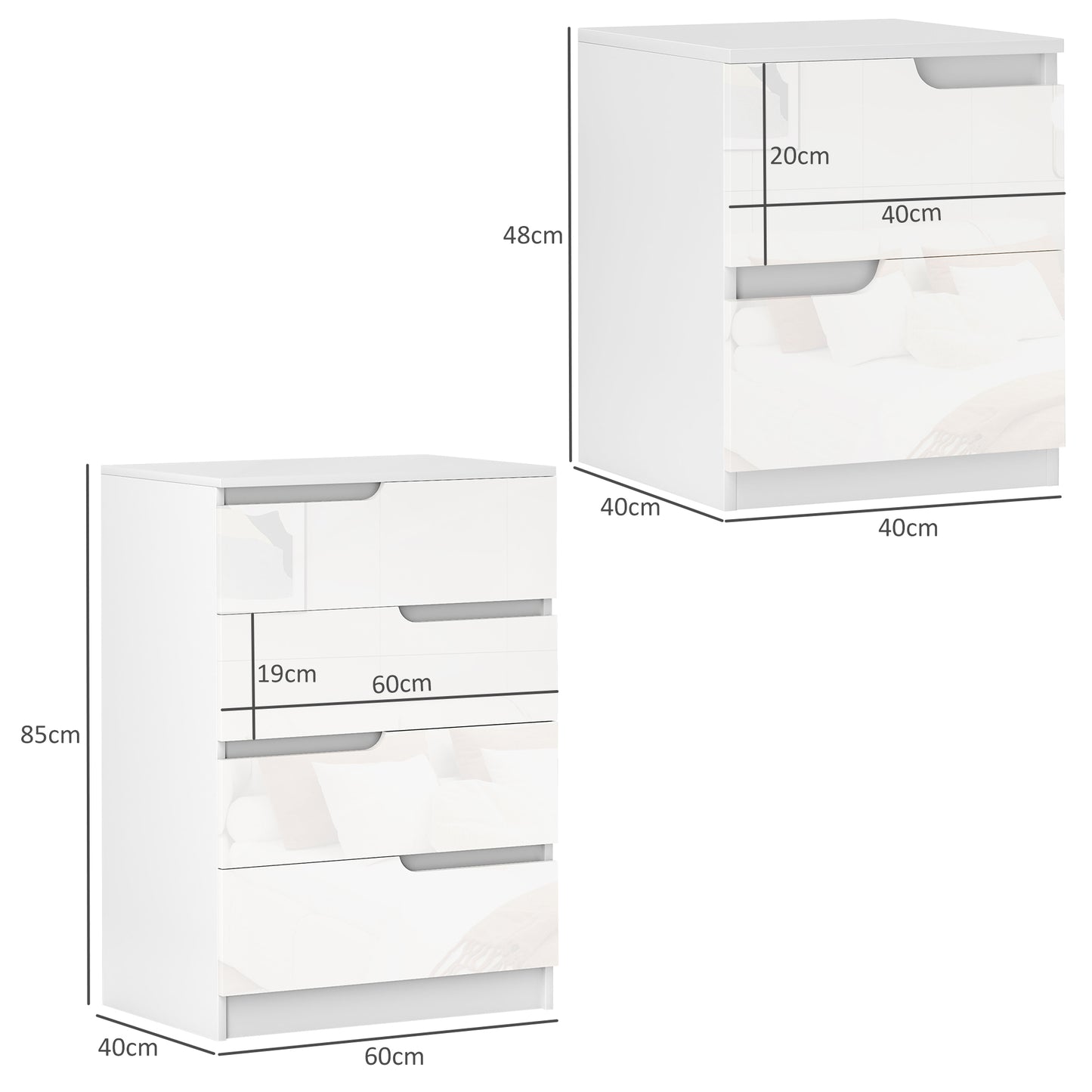 HOMCOM Chest of Drawers and Bedside Table, Modern, High Gloss