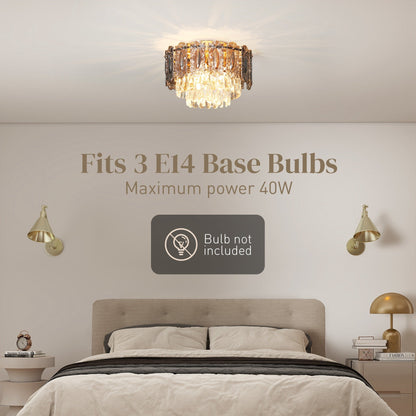 HOMCOM Chandelier Ceiling Light, 3-Light Vintage Flush Mount Fixture with Dual Crystal and Smoke Glass Shade, LED Ceiling Light for Living Room Bedroom, 3 E27 Sockets, Bulbs Not Included, Gold Tone