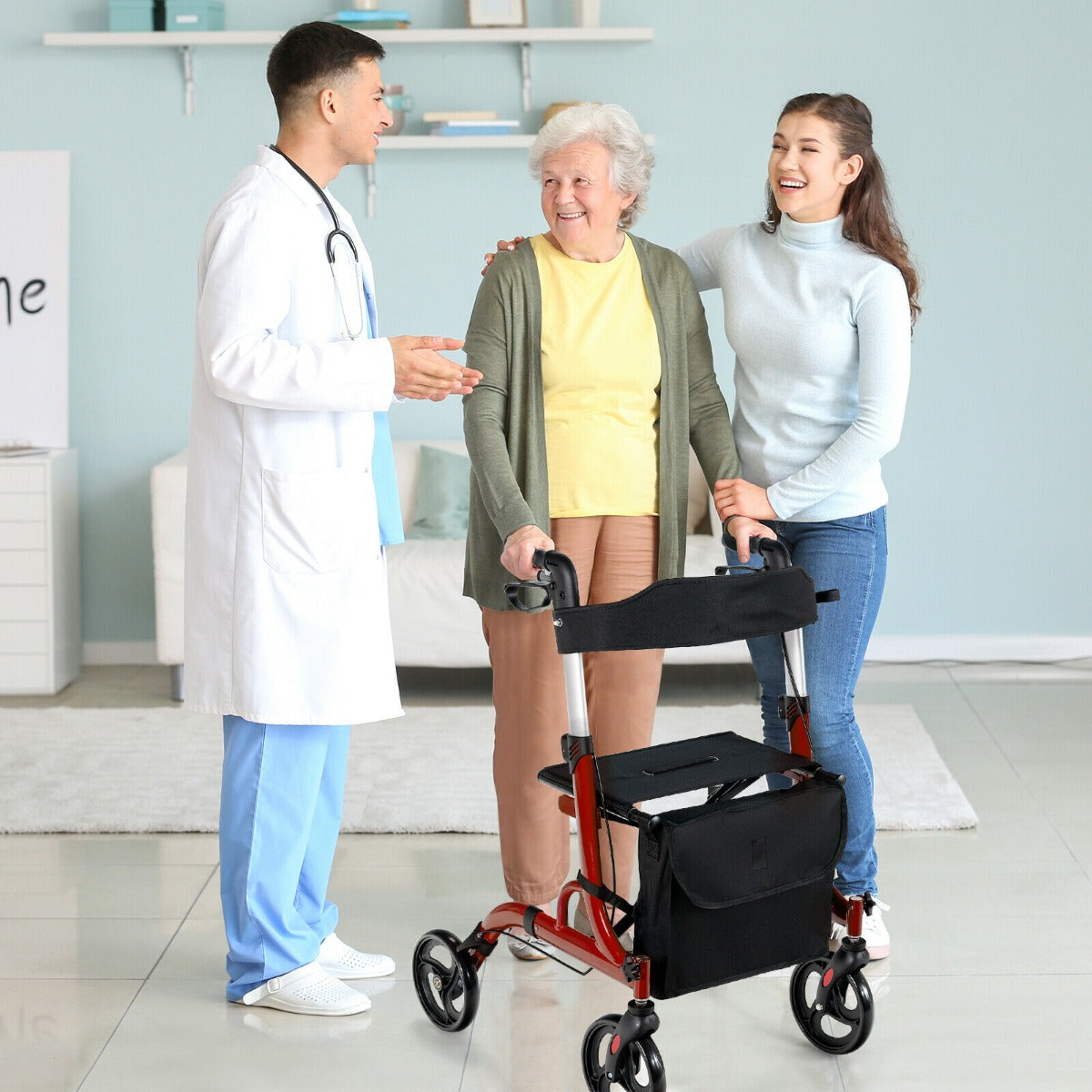 2 in 1 Walker Aluminium Mobility Walking Aid with Seat Adjustable-Red