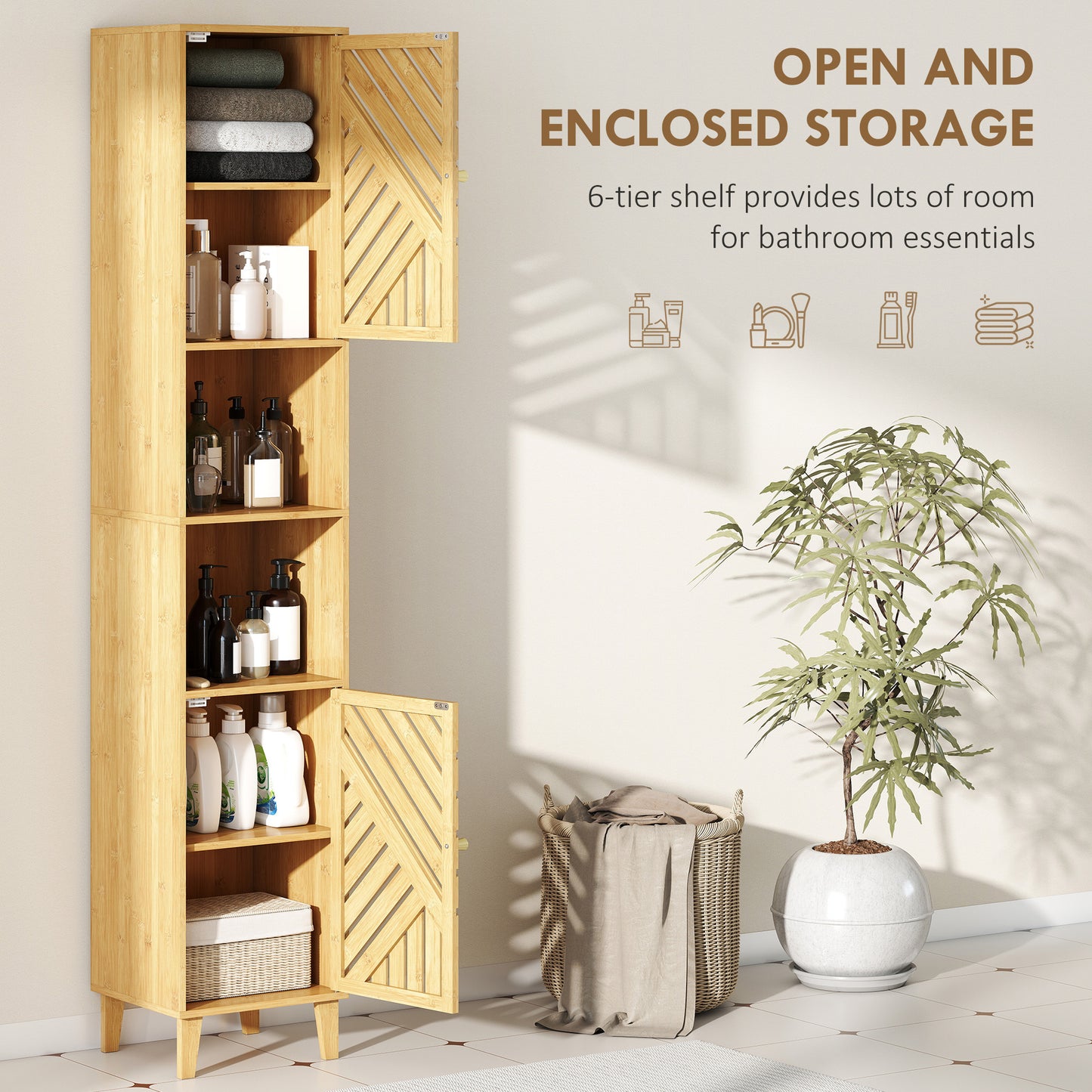 HOMCOM Multi-Storage Bamboo Door Bathroom Cabinet - Natural Finish
