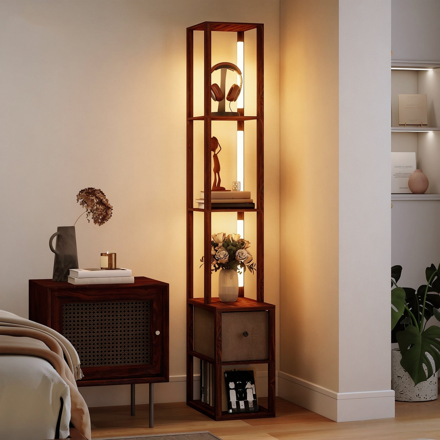 HOMCOM Floor Lamp with Shelves, LED Column Modern Standing Lamp with Fabric Drawer, Adjustable Brightness, Foot Switch for Living Room, Bedroom, Office, Dark Brown