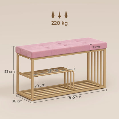 HOMCOM Bench and Shoe Storage, Tufted Shoe Storage Bench with Velvet Seat Cushion Gold Steel Frame for Entryway, Pink