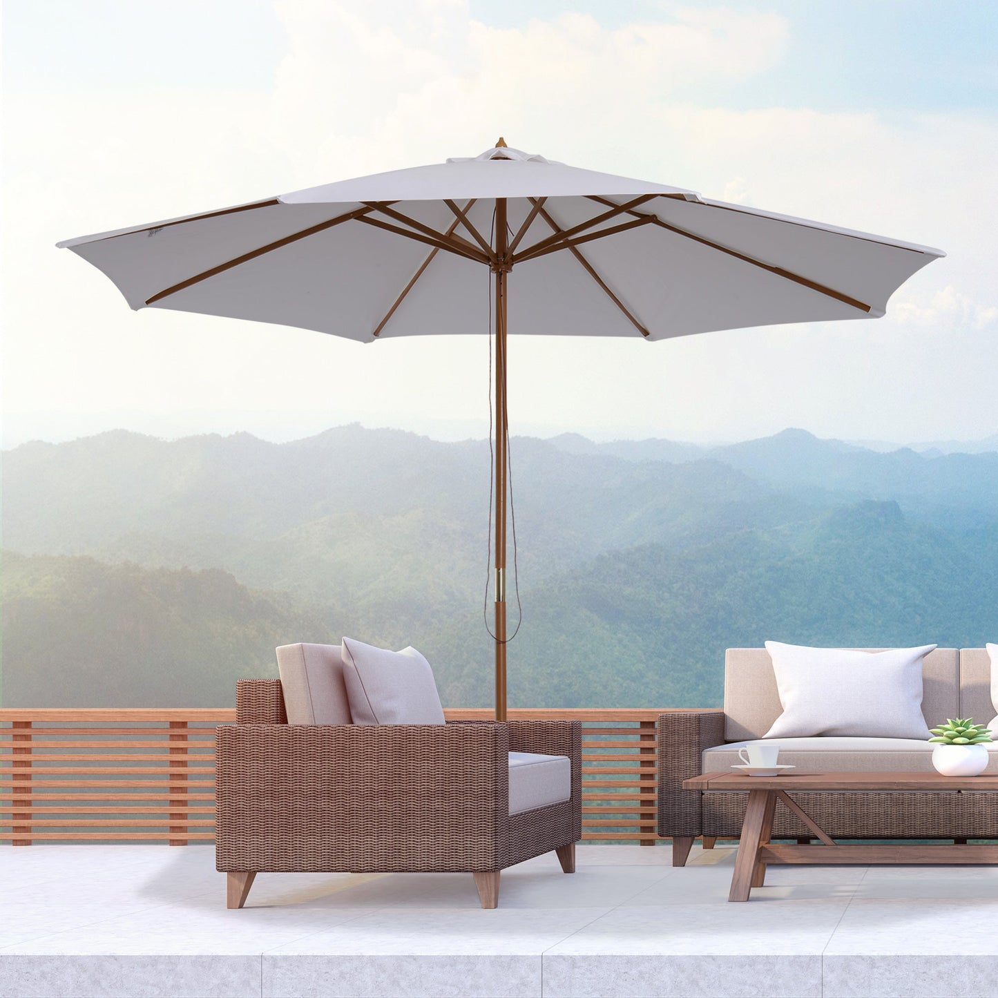 Outsunny 3 m Garden Parasol with Base, Pulley Operated Patio Umbrella, Wooden Parasol, Table Market Umbrella with Rope Pulley Mechanism and 8 Ribs, White