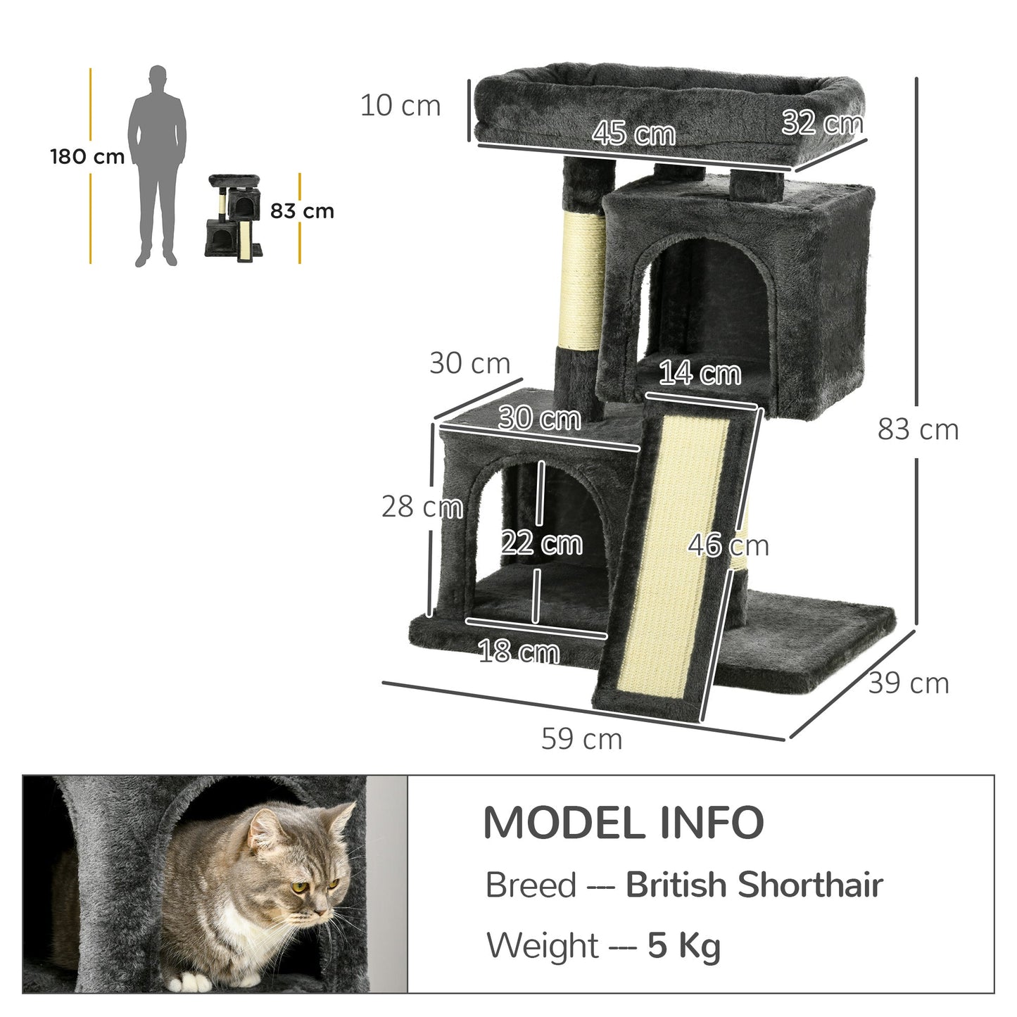 PawHut Cat Tree for Indoor Cats 81cm Cat Scratching Post Scratch Board Kitten Tower Climbing Frame, Black