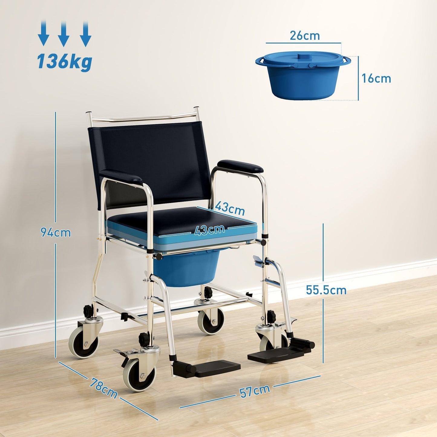 HOMCOM 3-In-1 Commode Wheelchair - Black