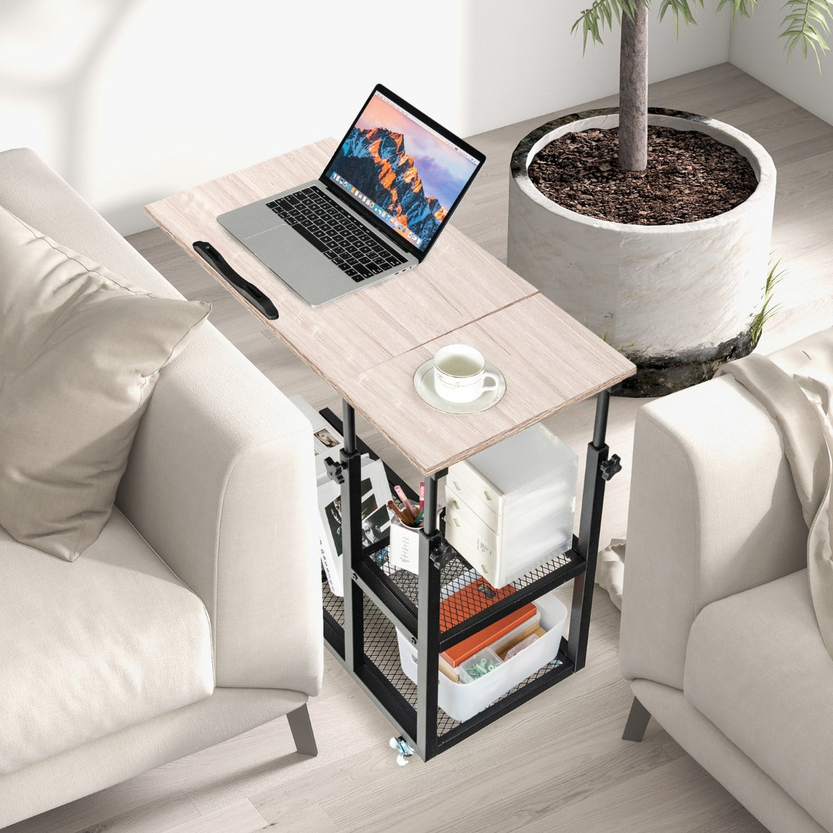 Mobile Couch Side Table with Height Adjustable Storage-Natural
