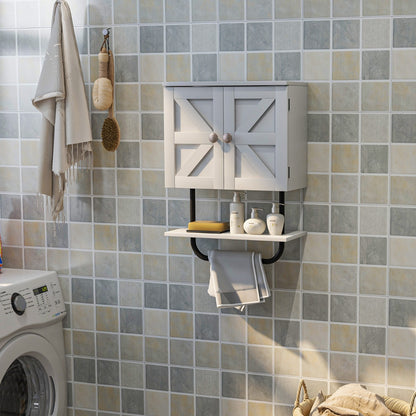 Bathroom Wall Cabinet with Double Door and Open Shelf and Towel Rack-White
