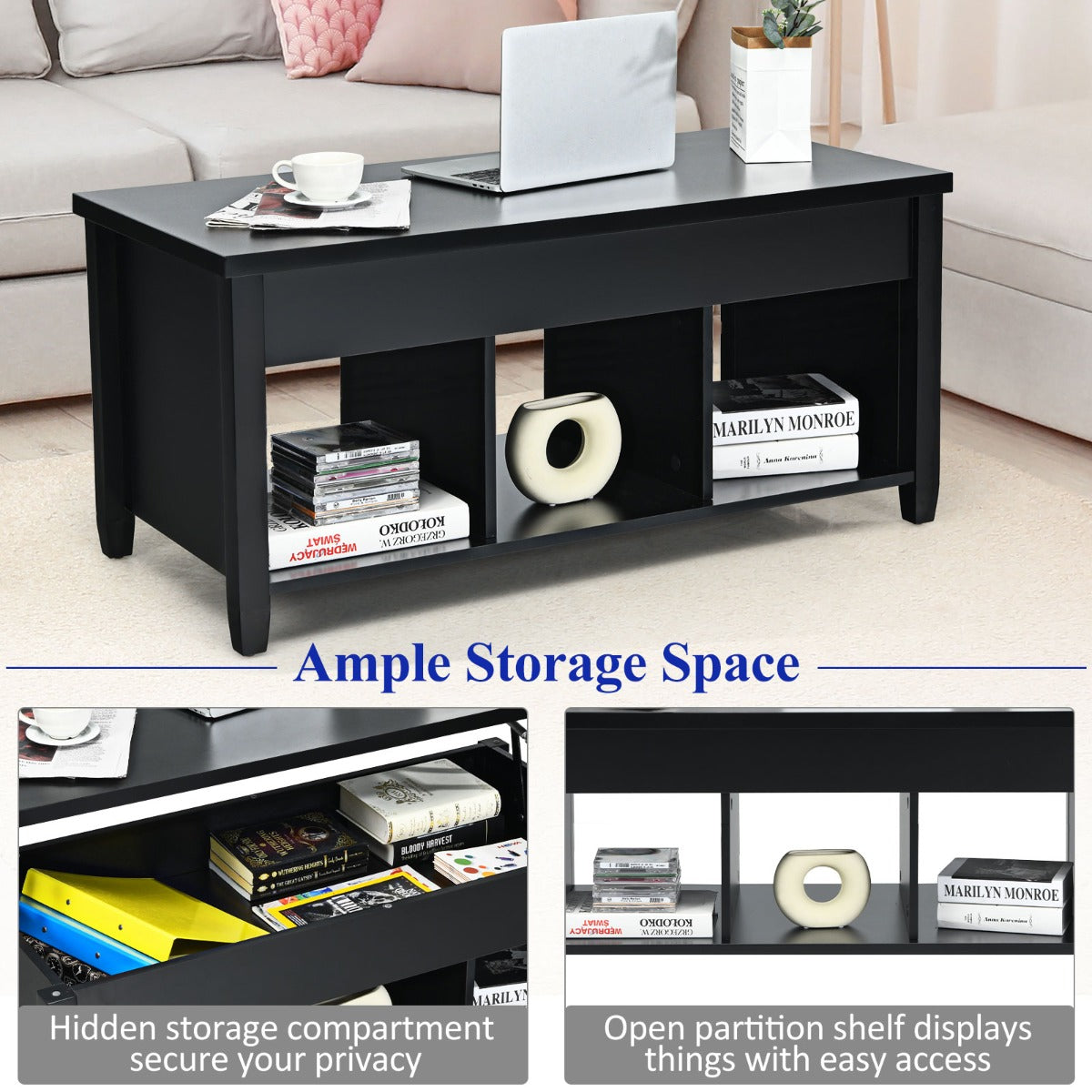Rising Center Table with Lift Top Hidden Compartment-Black