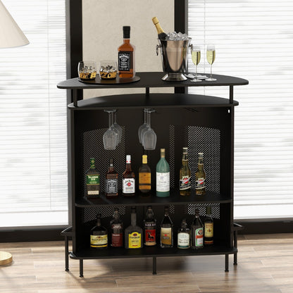 4-Tier Bar Table with Storage Shelves and 3 Stemware Holders-Black