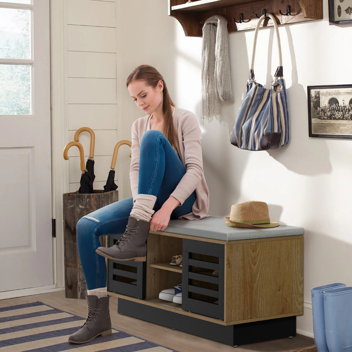 Shoe Bench with 6 Storage Compartments and 3 Adjustable Shelves and Cushion-Natural