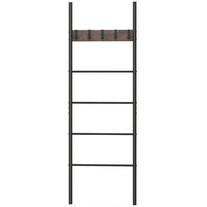 5-Tier Wall Leaning Blanket Ladder with 5 Removable Hooks and Industrial Blanket Holder Rack