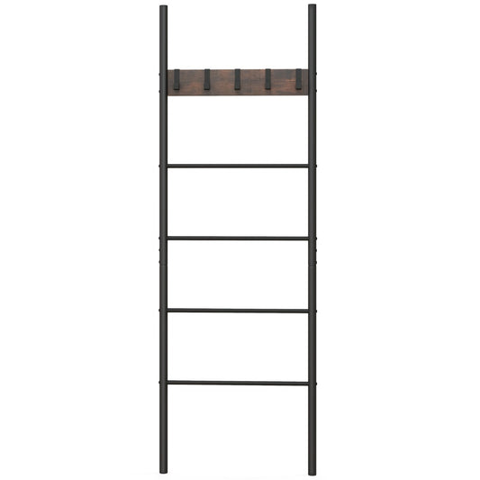 5-Tier Wall Leaning Blanket Ladder with 5 Removable Hooks and Industrial Blanket Holder Rack