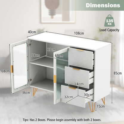 Modern Sideboard Storage Cabinet with 2 Glass Doors and 3 Drawers-White