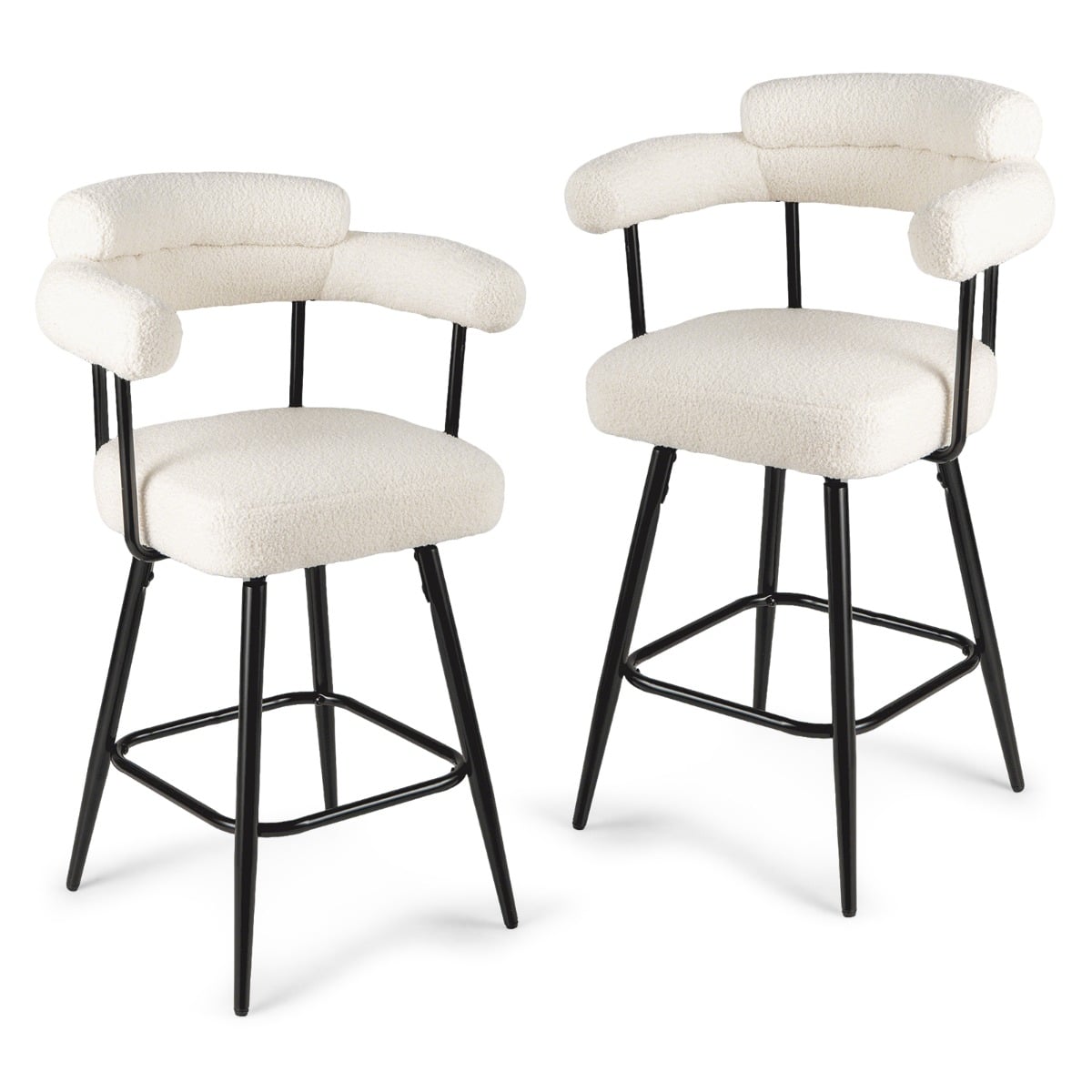 Set of 2 Swivel Bar Stool Counter Chairs with Curved Backrest-White
