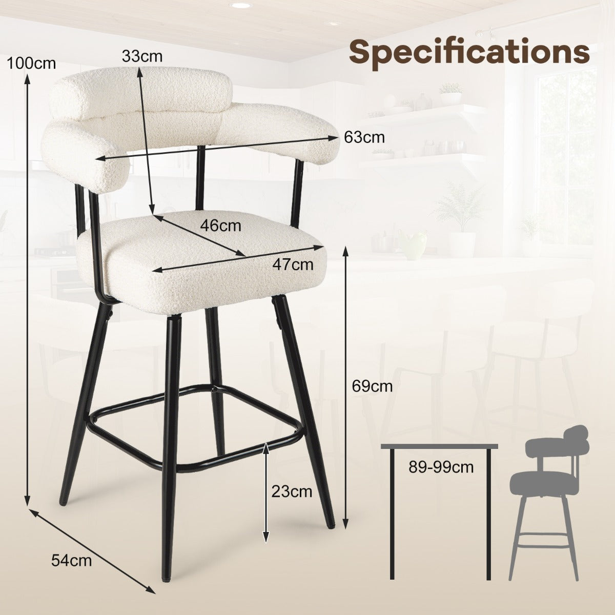 Set of 2 Swivel Bar Stool Counter Chairs with Curved Backrest-White