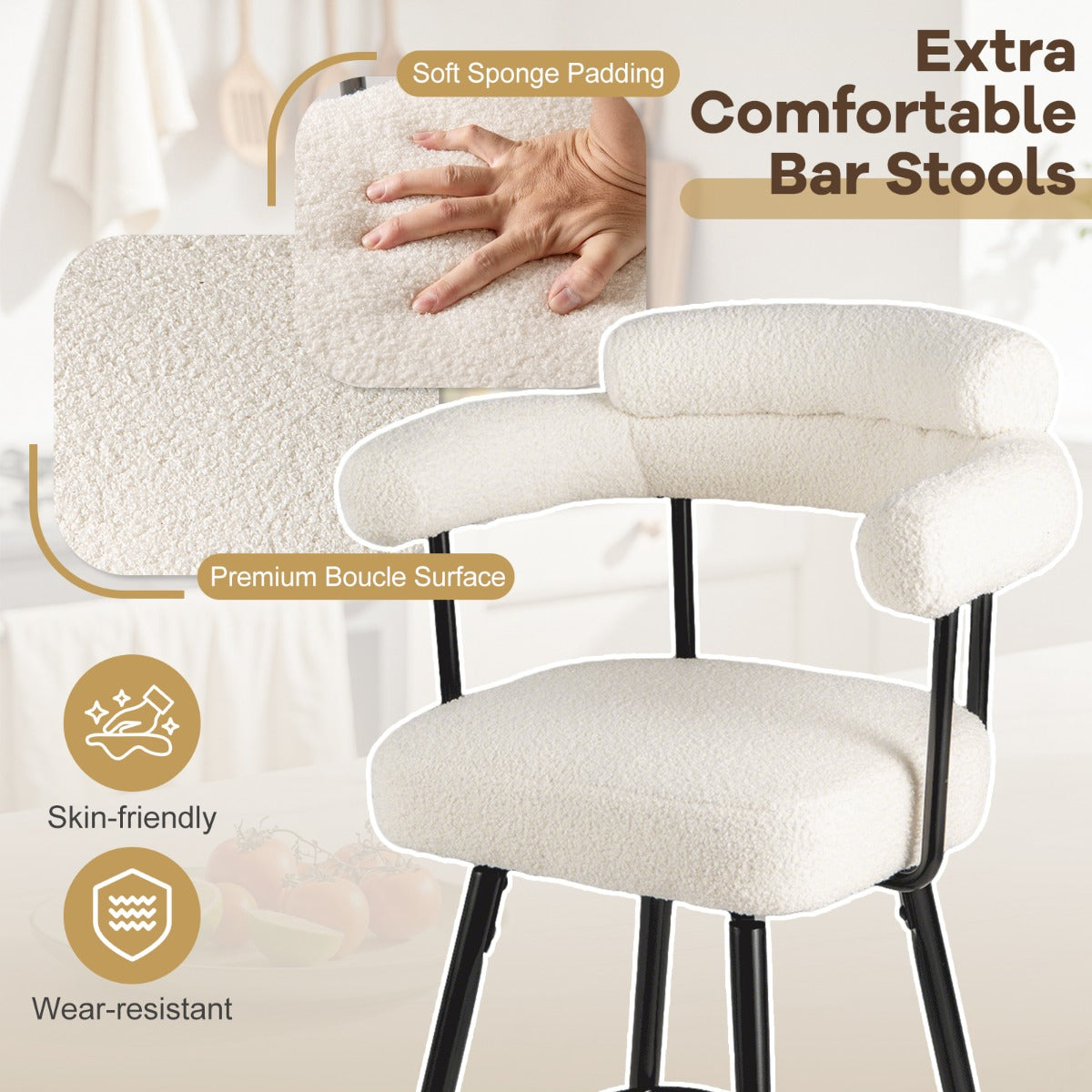 Set of 2 Swivel Bar Stool Counter Chairs with Curved Backrest-White