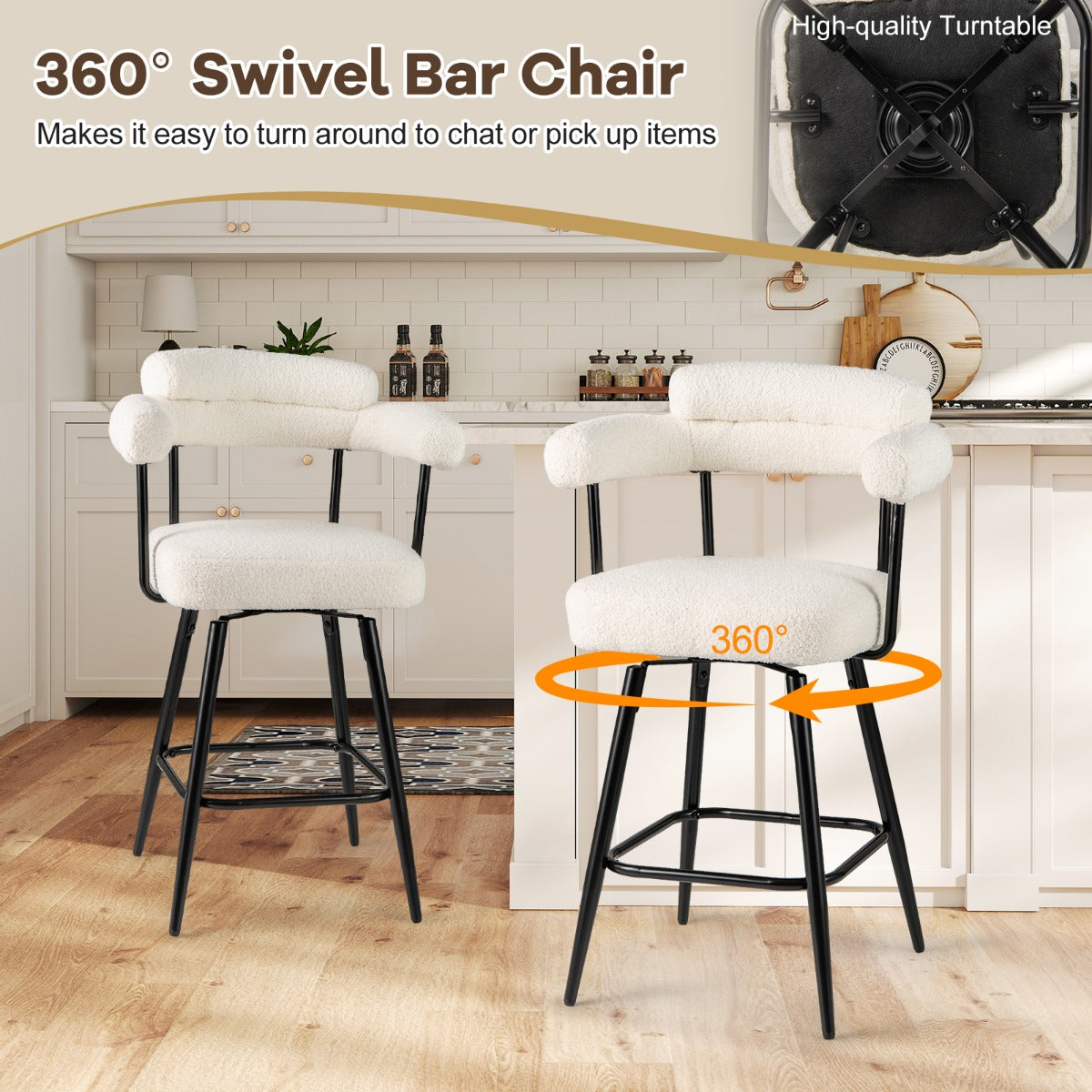 Set of 2 Swivel Bar Stool Counter Chairs with Curved Backrest-White