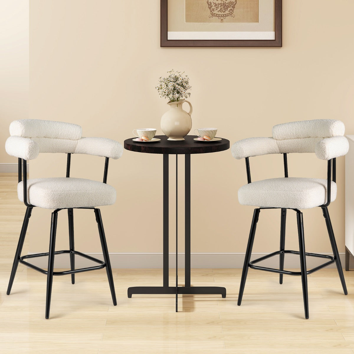 Set of 2 Swivel Bar Stool Counter Chairs with Curved Backrest-White