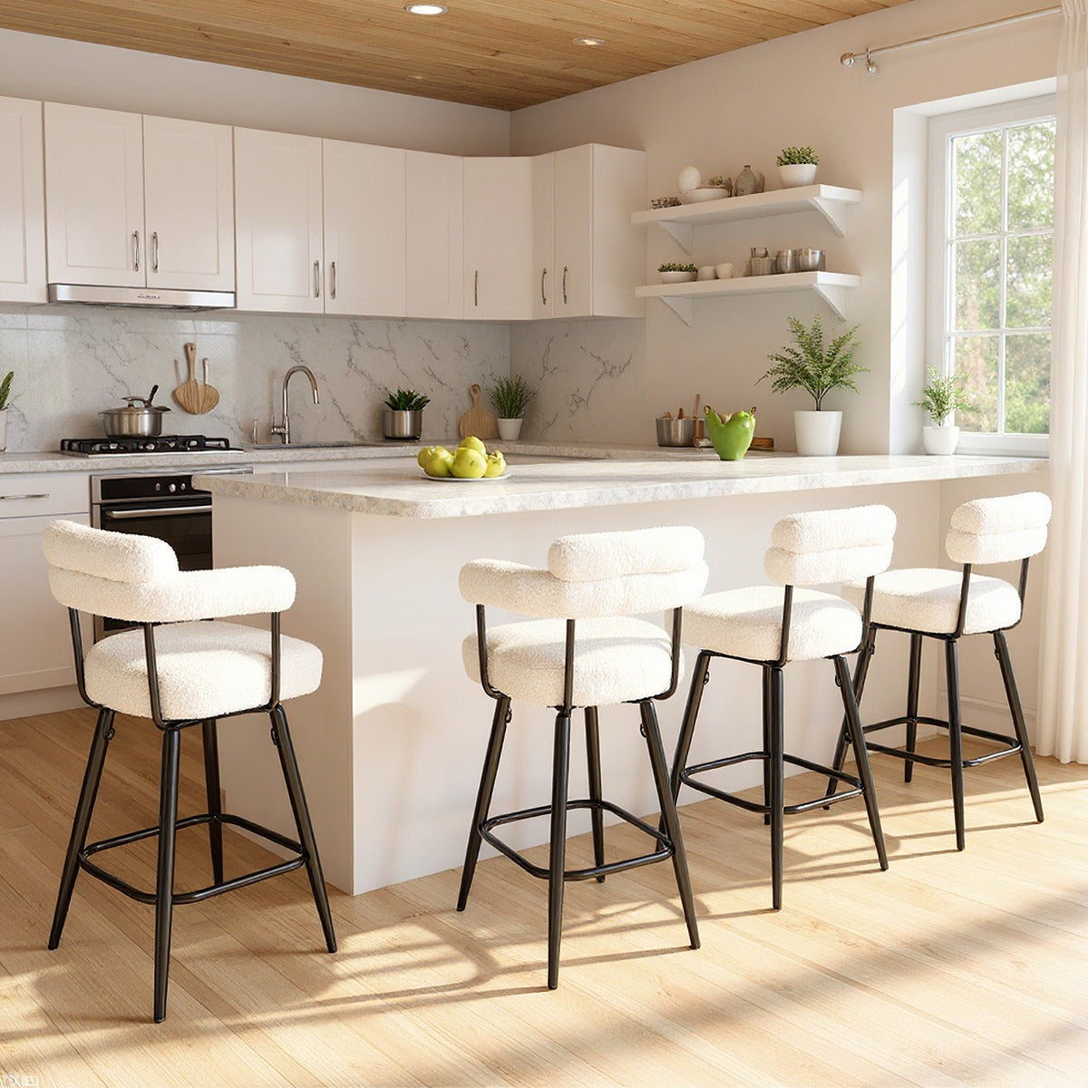 Set of 2 Swivel Bar Stool Counter Chairs with Curved Backrest-White