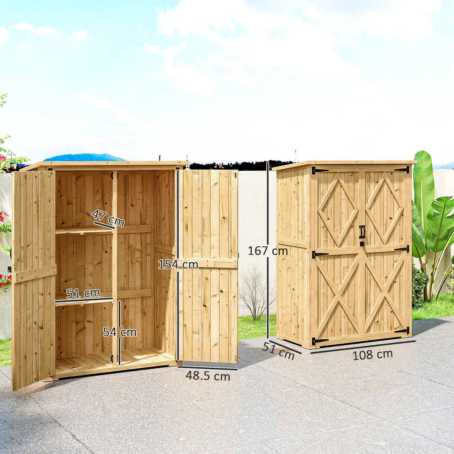 Outsunny Wooden Garden Storage Shed, Tool Storage Cabinet with Asphalt Roof and 2 Shelves for Garden Tools, Equipment, Outdoor Tool Shed with Double Doors, Natural