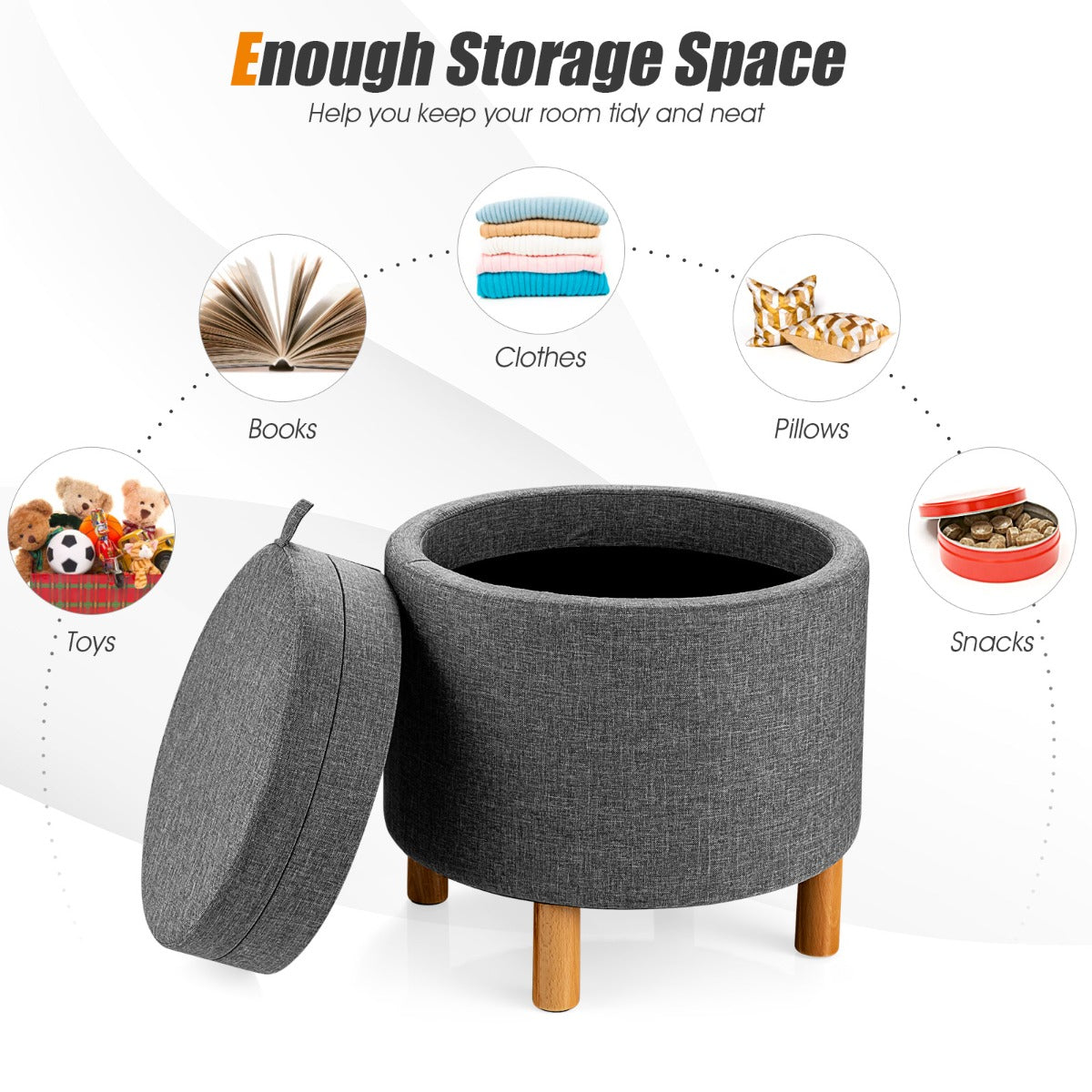 Modern Round Padded Storage Ottoman with Hidden Storage Space-Grey