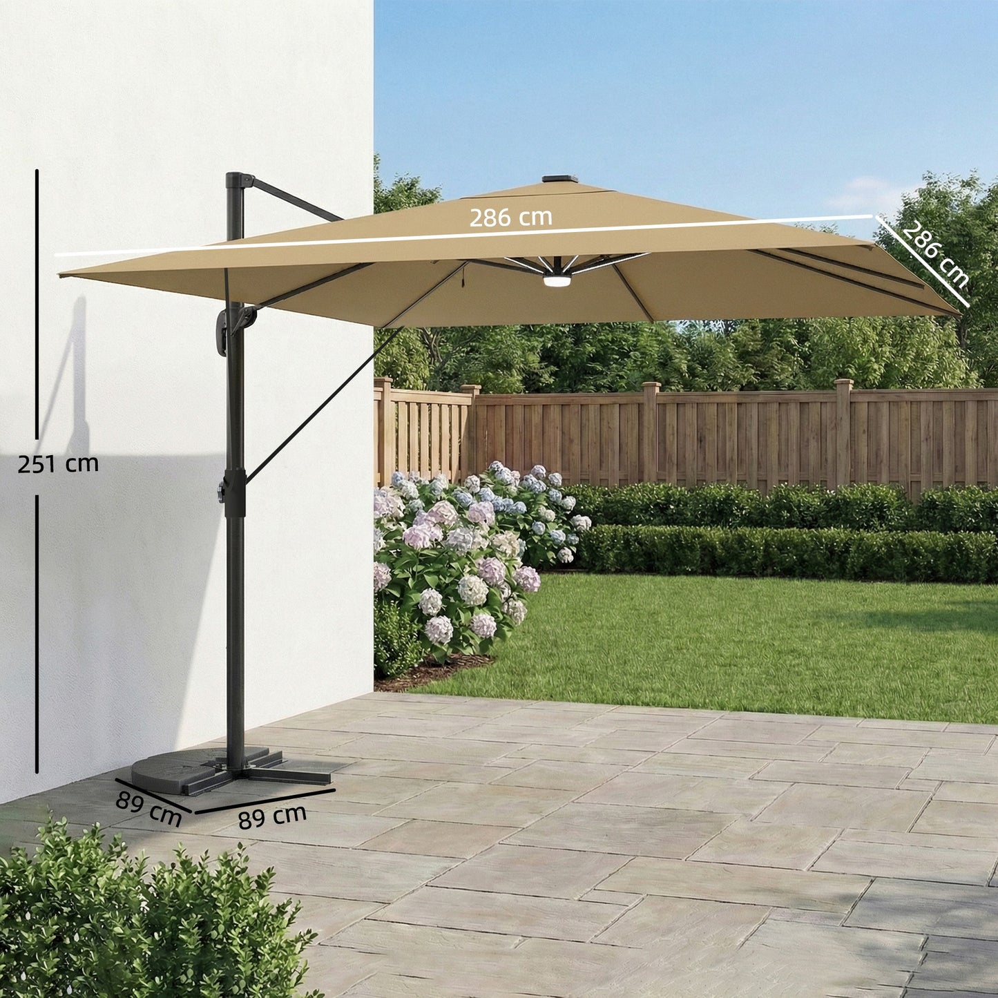Outsunny 3 x 3 m Garden Cantilever Parasol with Light, Umbrella with Wind Protection, 360Â° Rotation, Khaki