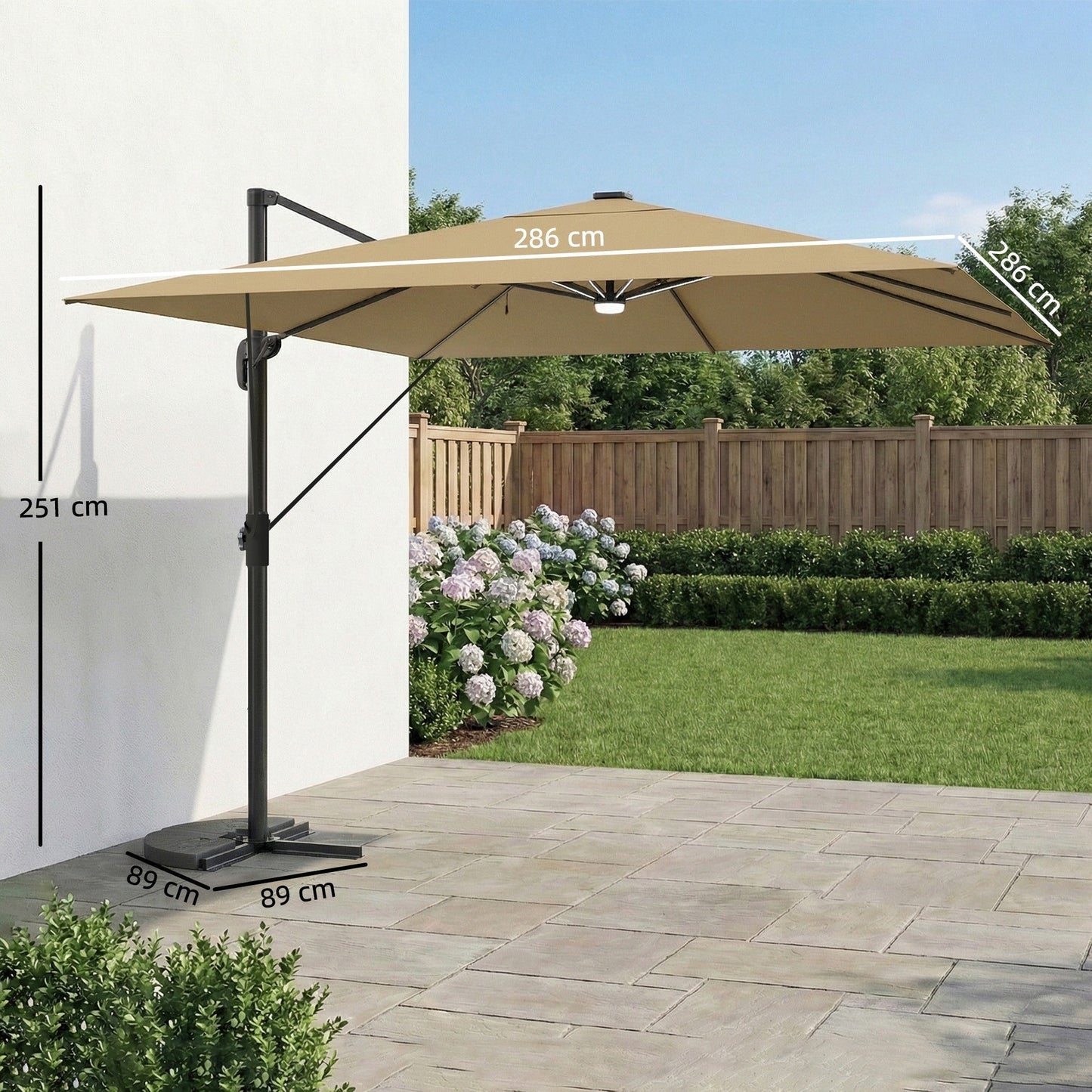 Outsunny 3 x 3 m Garden Cantilever Parasol with Light, Umbrella with Wind Protection, 360 degrees Rotation, Khaki
