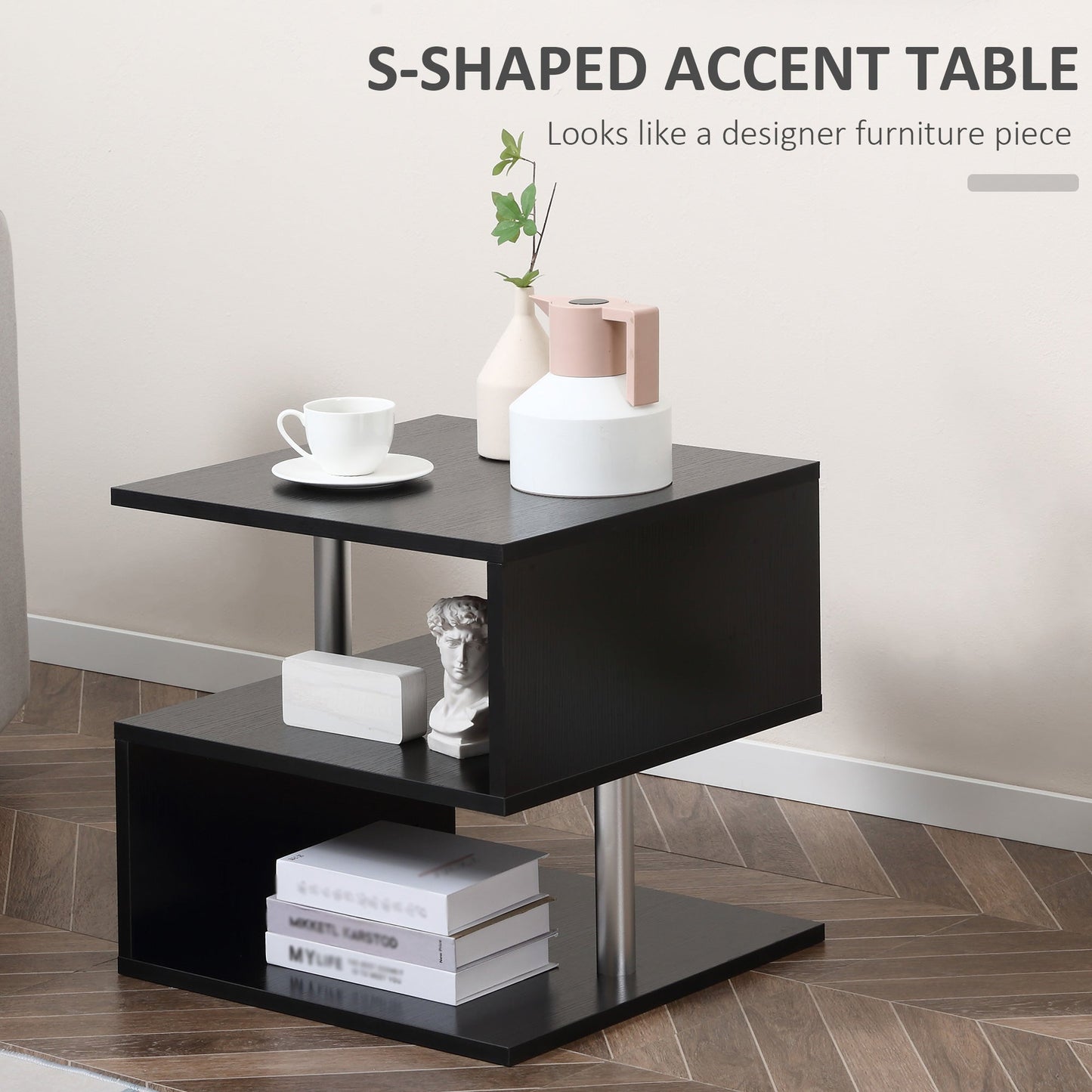 HOMCOM Wooden S Shape Cube Coffee Table 2 Tier Storage Shelves Organiser Office Bookcase Living Room End Desk Stand Display Set of 2 (Black)