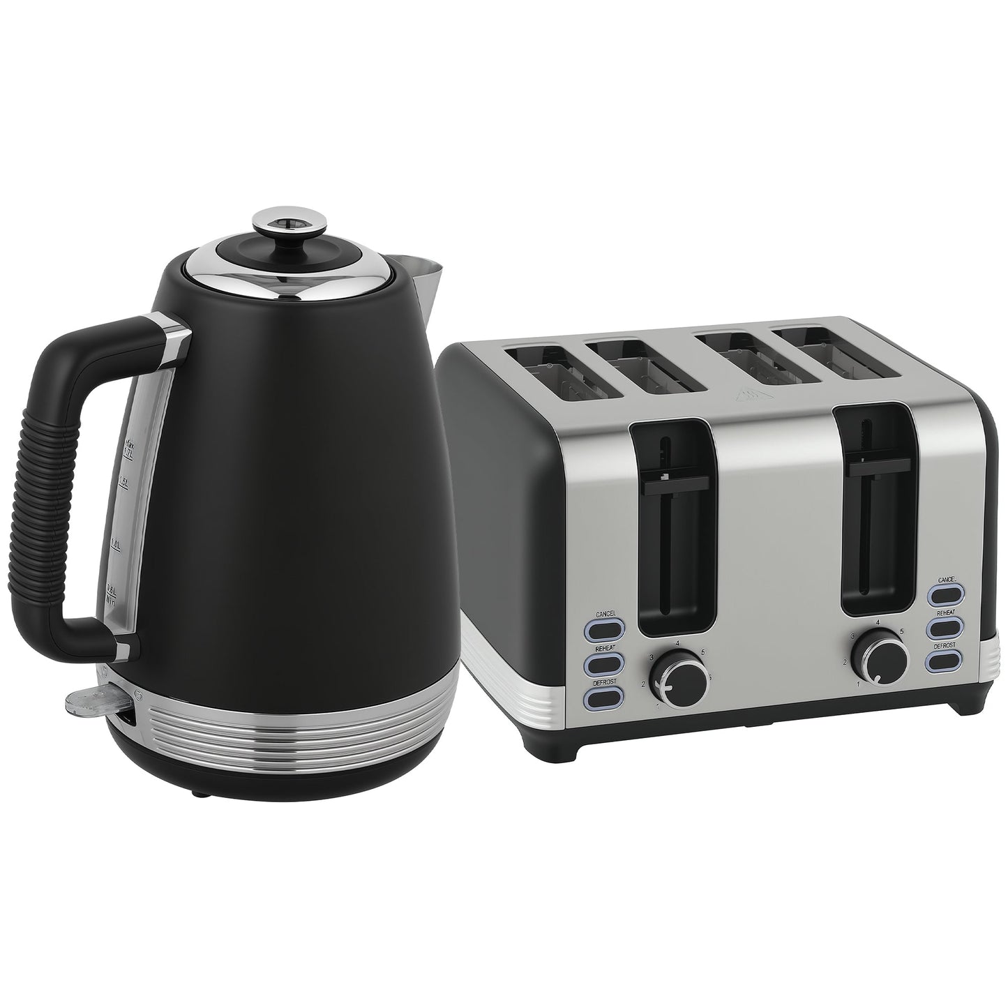 HOMCOM Stainless Steel Kettle and Toaster Set, 1.7L 3000W Rapid Boil Jug Kettle with UK Strix Thermostat, Limescale Filter, 4 Slice Toaster with 7 Browning Controls, Crumb Tray, Black and Silver Tone