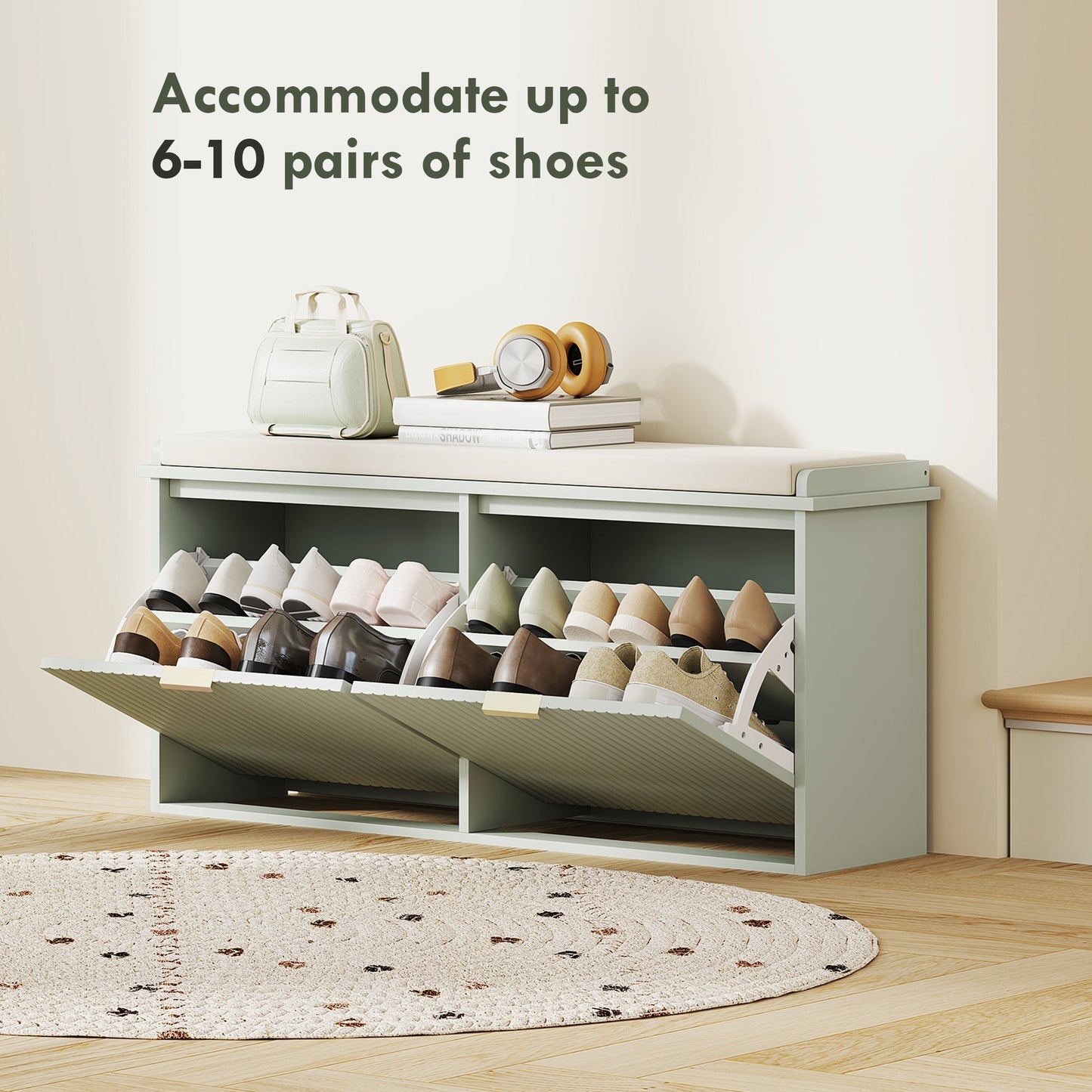 HOMCOM Elegant Ten Shoe Bench, with Top Seat - Green