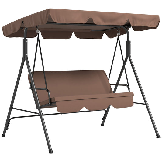 Outsunny 3 Seater Garden Swing Chair, Outdoor Swing Chair with Adjustable Canopy, Mental Frame & Cushions, Brown