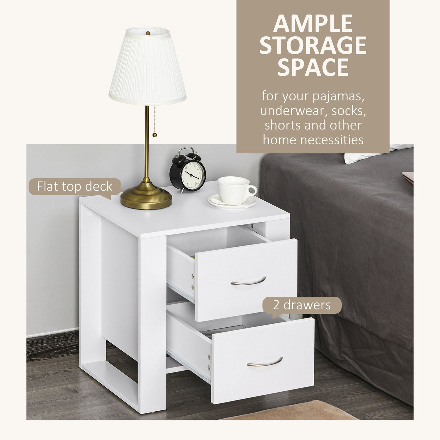 HOMCOM Bedside Table Set of 2 with 2 Drawers, Nightstands with Handles and Elevated Base, Side Tables for Bedroom, Living Room, White