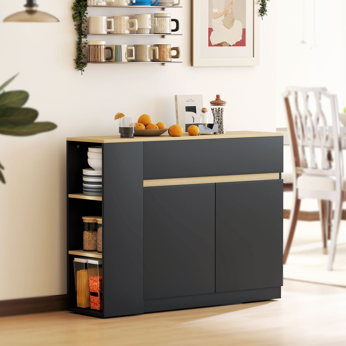 HOMCOM Sideboard, Storage Cabinet with Adjustable Shelf, 2 Drawers, 3 Open Shelves, Black