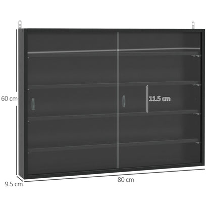 HOMCOM 5-Tier Wall Display Shelf Unit Cabinet w/ 4 Adjustable Shelves Glass Doors Home Office Ornaments 60x80cm Black
