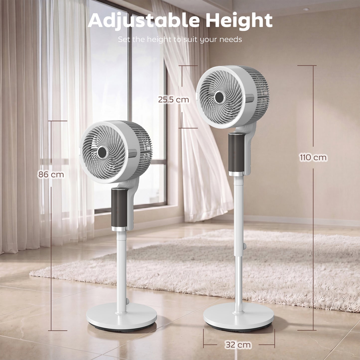 HOMCOM 20 dB Silent Standing Fan for Bedroom, 44" Pedestal Fan with 90Â° Oscillating, 8 Speeds and LED Light, White