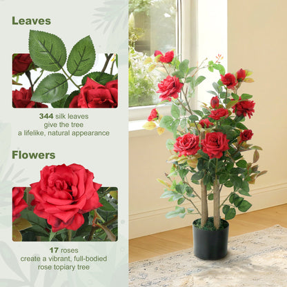 HOMCOM 90cm Artificial Rose Tree, Decorative Fake Plant with 344 Silk Leaves 17 Flowers for Outdoor Indoor Decor, Red