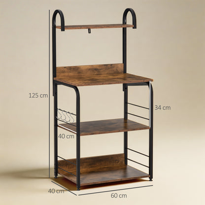 HOMCOM 4-Tier Baker's Rack, Microwave Stand with 4 Hooks, Kitchen Storage Unit for Spices, Pots and Pans, Rustic Brown