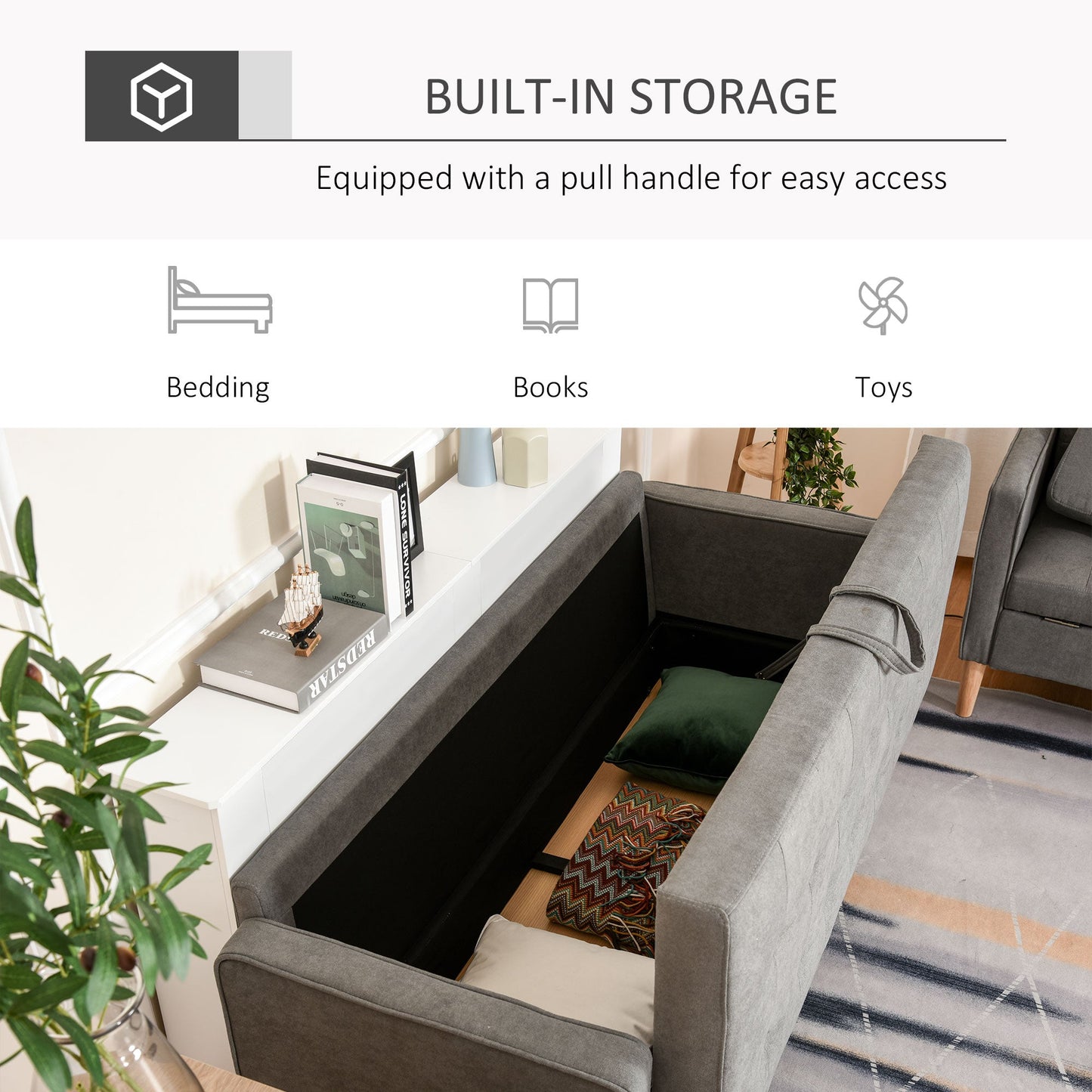 HOMCOM Modern 3 Seater Sofa with Hidden Storage, 169cm Tufted Snow Flannel Couch with Wood Legs, Compact Sofa for Living Room, Grey