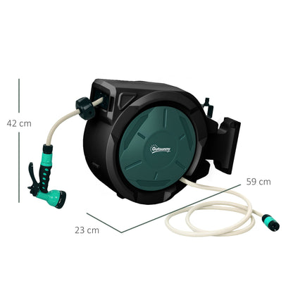Outsunny Retractable Hose Reel Wall Mounted, 30+2m Garden Hose Pipe Reel with Lock, Auto Rewind, 7 in 1 Spray Nozzle, Includes Wall Fixings, 180Â° Swivel, Outdoor Watering, 59 x 23 x 42 cm, Green