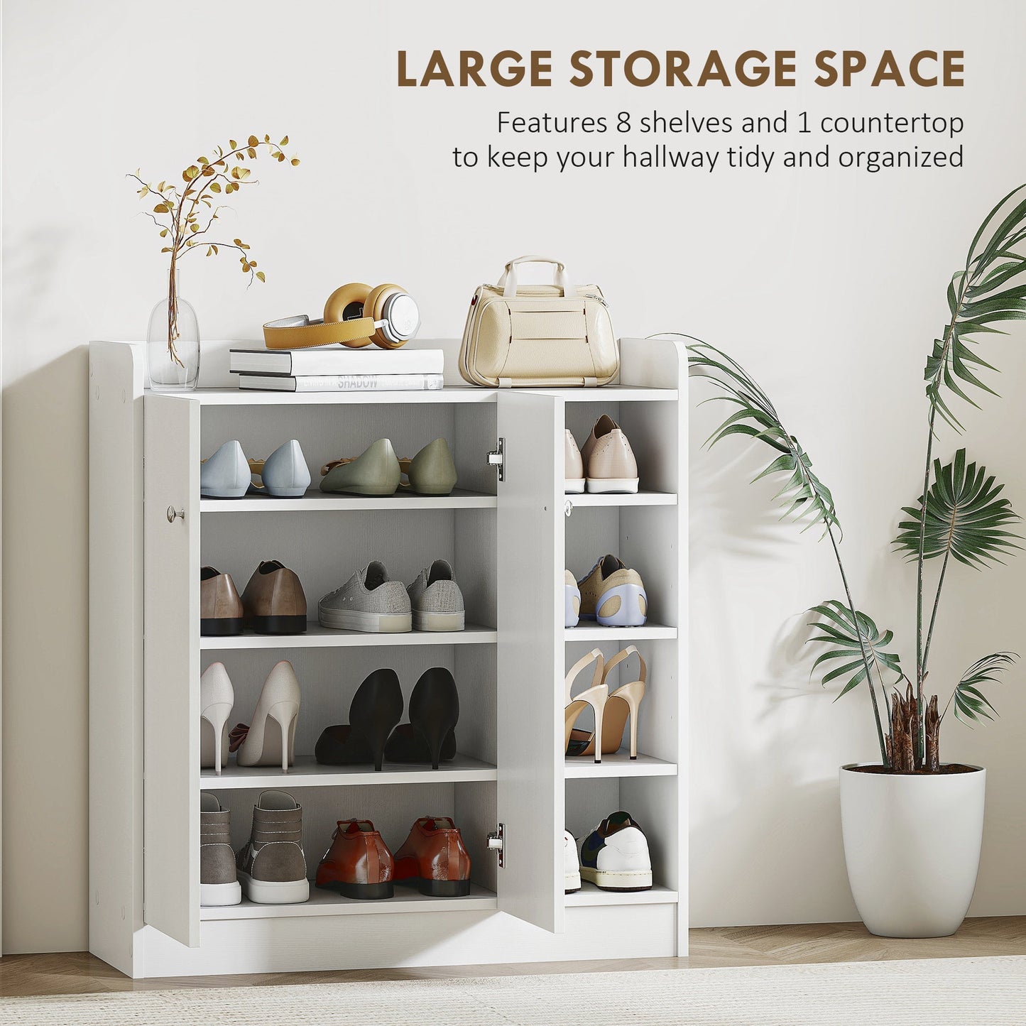 HOMCOM Shoe Storage Cabinet  Two Doors w/ Adjustable 4 Shelves Cupboard Footwear Rack Stand Organiser Hallway White